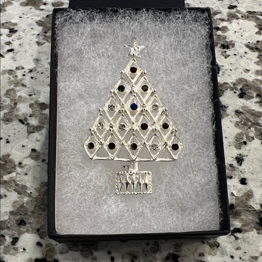 Vintage Eisenberg Ice Silver Tone Christmas Tree Brooch with Crystal Accents